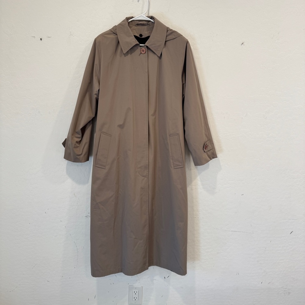 Mulberry Street Vtg Maxi Trench Coat Large Tan Taupe Hooded Belted Button Front